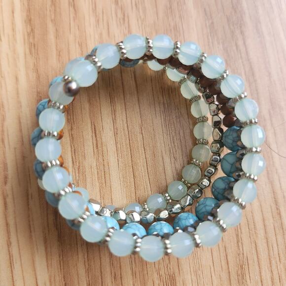 Memory Wire Coil Wrap Bracelet Turquoise Opalite Wood Silver Beads Stacked Boho - Picture 7 of 8